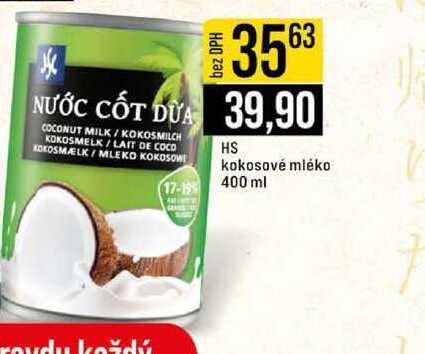HS kokosové mléko 17-19 400 ml 
