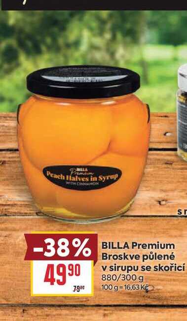 BILLA Premium Broskve půlené v sirupu se skořicí 880/300 g 