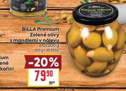 BILLA Premium Zelené olivy s mandlemi v nálevu 370/200 g