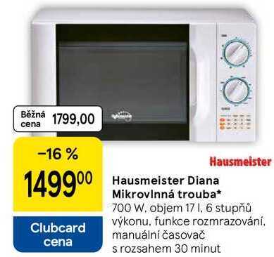 Hausmeister Diana Mikrovlnná trouba, 700 W. objem 17 1, 6 stupňů výkonu, funkce rozmrazování, manuální časovač s rozsahem 30 minut 