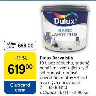 Dulux Barva bílá, 10 I, bez zápachu, snadné nanášení, vynikající krycí schopnost, dodává povrchům matný vzhled a zakrývá nerovnosti 