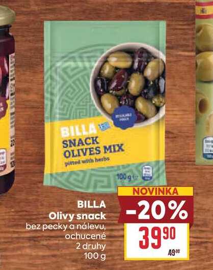 BILLA Olivy snack bez pecky a nálevu, ochucené 2 druhy 100 g