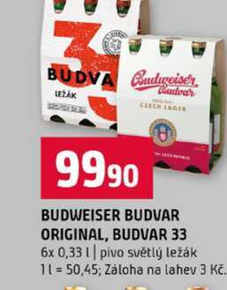 BUDWEISER BUDVAR ORIGINAL, BUDVAR 33 6x 0,33l pivo světlý ležák 