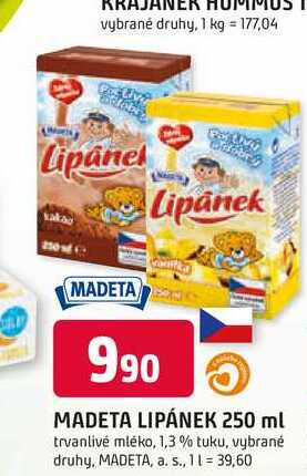 MADETA LIPÁNEK 250 ml trvanlivé mléko, 1,3% tuku