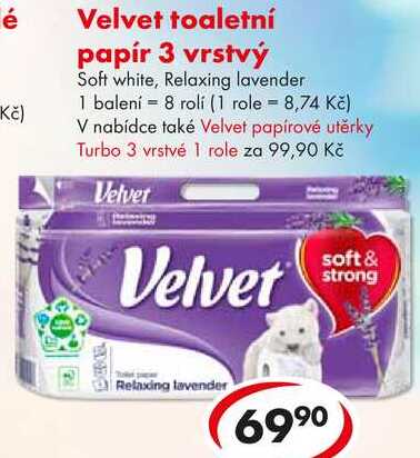 Velvet toaletní papír 3 vrstvý, 8 rolí