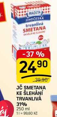 JČ SMETANA KE ŠLEHÁNÍ TRVANLIVÁ 31% 250 ml v akci