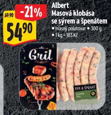 Albert Masová klobása se sýrem a špenátem, 300 g
