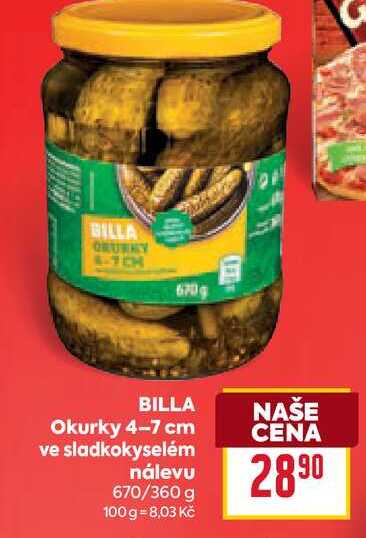 BILLA Okurky 4-7 cm ve sladkokyselém nálevu 670/360 g  