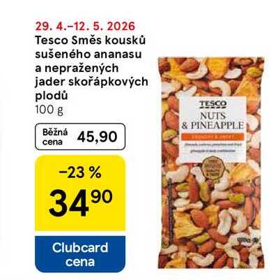 Tesco Směs kousků sušeného ananasu a nepražených jader skořápkových plodů, 100 g  