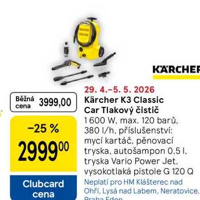 Kärcher K3 Classic Car Tlakový čistič, 1600 W. max. 120 barů, 380 1/h. příslušenství: mycí kartáč, pěnovací tryska, autošampon 0,5 1, tryska Vario Power Jet. vysokotlaká pistole G 120 Q 