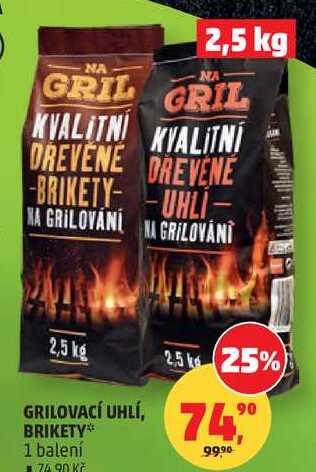 GRILOVACÍ UHLÍ BRIKETY,  2,5 kg, 1 balení