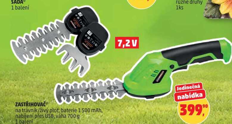 ZASTŘIHOVAČ na trávník/živý plot, baterie 1500 mAh, nabíjení přes USB, váha 700 g, 1 balení  