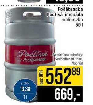 Poděbradka Poctivá limonáda malinovka 50l
