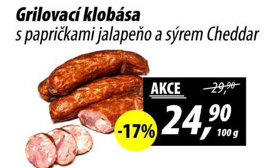 Grilovací klobása s papričkami jalapeño a sýrem Cheddar, 100 g