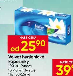 Velvet hygienické kapesníky 100 ks 2vrstvé 10×10 ks 