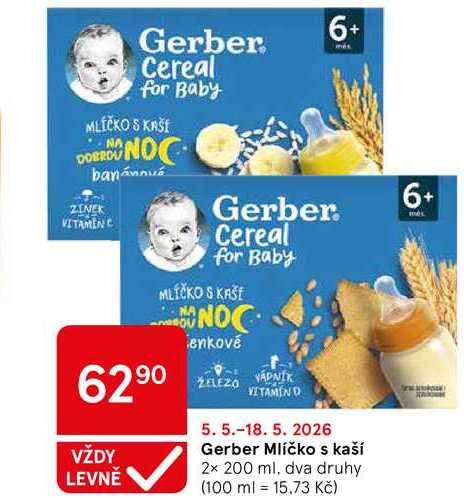 Gerber Mlíčko s kaší, 2x 200 ml, dva druhy  