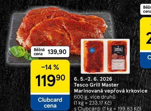 Tesco Grill Master Marinovaná vepřová krkovice, 600 g 