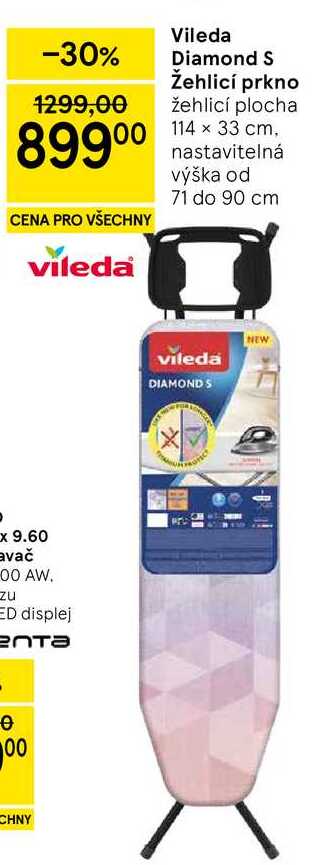 Vileda Diamond S Žehlicí prkno, žehlicí plocha 114 x 33 cm, nastavitelná výška od 71 do 90 cm  