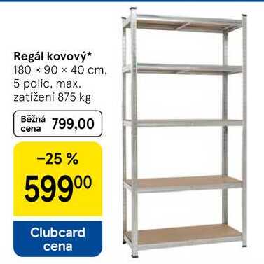 Regál kovový, 180 x 90 x 40 cm. 5 polic, max. zatížení 875 kg  
