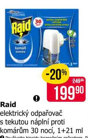 Raid elektrický odpařovač s tekutou náplní proti komárům 30 nocí, 1+21 ml