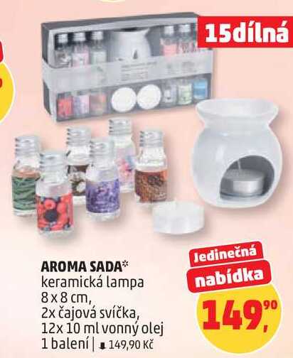 AROMA SADA keramická lampa Jedinečná nabídka 8x8 cm, 2x čajová svíčka, 12x 10 ml vonný olej, 1 balení