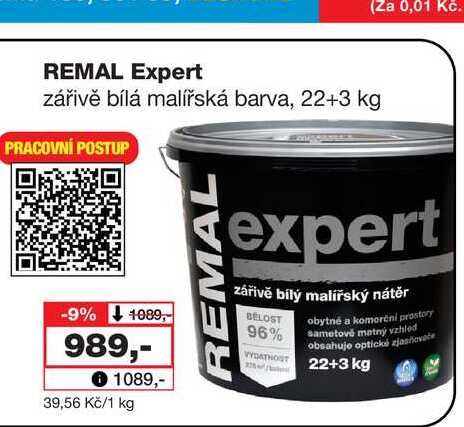 REMAL Expert zářivě bílá malířská barva, 22+3 kg 