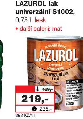 LAZUROL lak univerzální S1002, 0,75 I, lesk  