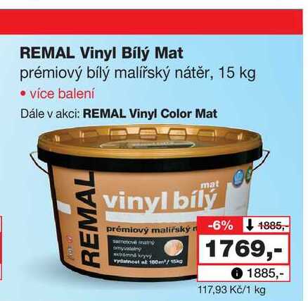 REMAL Vinyl Bílý Mat prémiový bílý malířský nátěr, 15 kg 