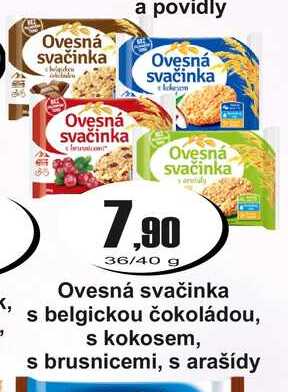 Ovesná svačinka s belgickou čokoládou, s kokosem, s brusnicemi, s arašídy 36 g 40 g
