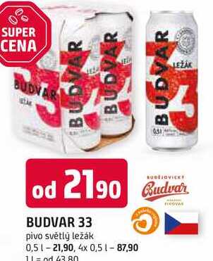 BUDVAR 33 pivo světlý ležák 0,5l