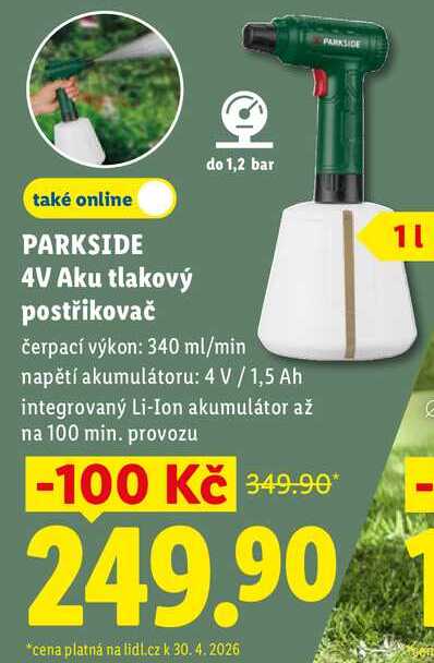 PARKSIDE 4V Aku tlakový postřikovač 