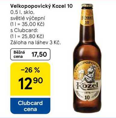 Velkopopovický Kozel 10, 0,5 l, sklo, světlé výčepní 