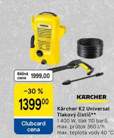 Kärcher K2 Universal Tlakový čistič, 1400 W, tlak 110 barů. max. průtok 360 l/h. max. teplota vody 40 °C 