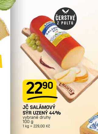 JČ SALÁMOVÝ SÝR UZENÝ 44% vybrané druhy 100 g 