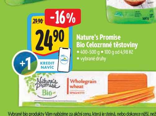 Nature's Promise Bio Celozrnné těstoviny 400-500 g