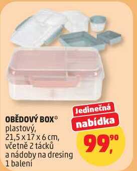 OBĚDOVÝ BOX plastový, nabídka 21,5 x 17 x 6 cm, včetně 2 tácků a nádoby na dresing, 1 balení