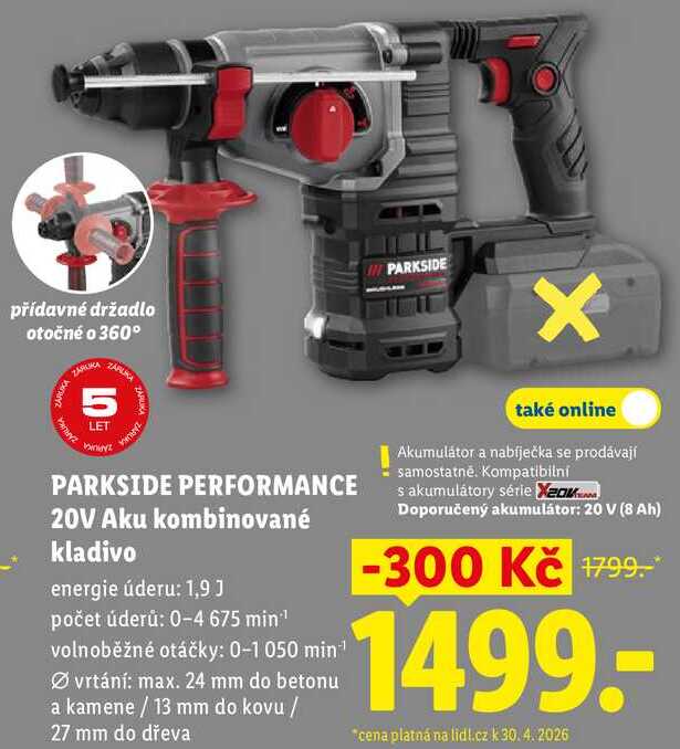 PARKSIDE PERFORMANCE 20V Aku kombinované kladivo 
