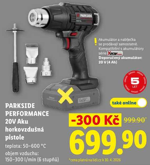 PARKSIDE PERFORMANCE 20V Aku horkovzdušná pistole