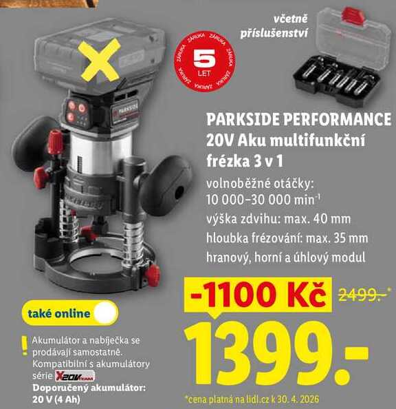 PARKSIDE PERFORMANCE 20V Aku multifunkční frézka 3 v 1 