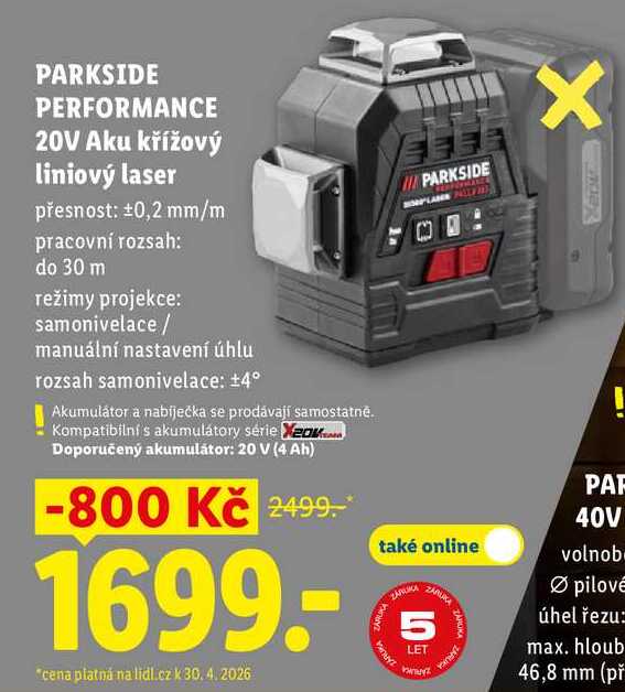 PARKSIDE PERFORMANCE 20V Aku křížový liniový laser 