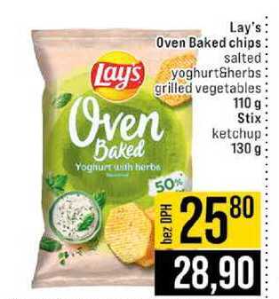 Lay's Oven Baked chips salted Lays yoghurt&herbs grilled vegetables Oven Baked Yoghurt with herbs 50% 110 g Stix ketchup 130 g