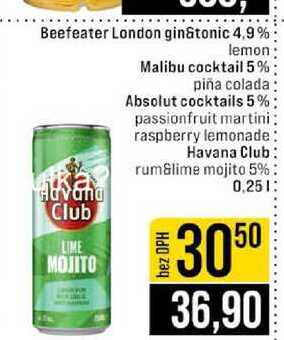 Beefeater London ginâtonic 4.9% Club lemon Malibu cocktail 5% piña colada Absolut cocktails 5 % passionfruit martini raspberry lemonade Havana Club rum lime mojito 5% 0,25l