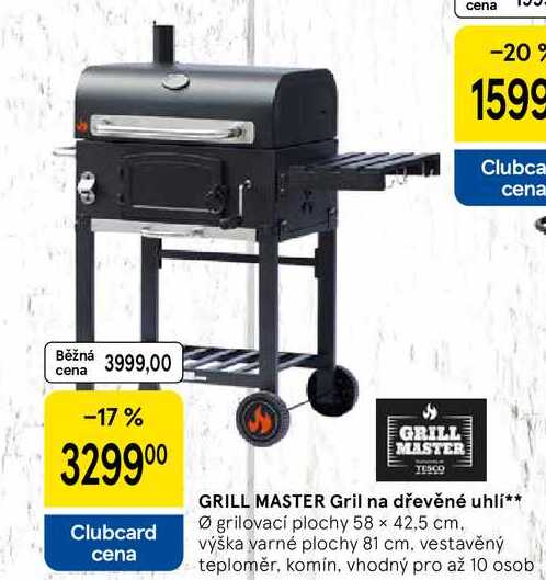 GRILL MASTER Gril na dřevěné uhlí, grilovací plochy 58 × 42,5 cm. výška varné plochy 81 cm. vestavěný teploměr, komín, vhodný pro až 10 osob 