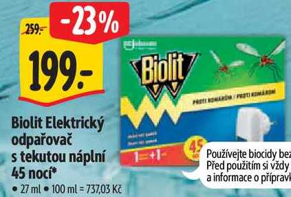 -23% 199: Biolit Biolit Elektrický odpařovač s tekutou náplní 45 nocí, 27 ml 