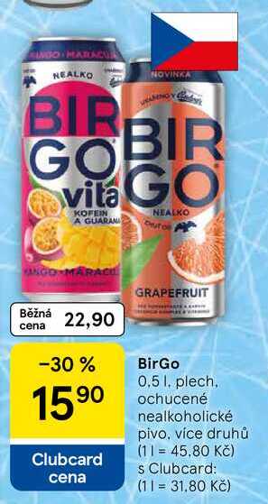 BirGo, 0.5 l, plech, ochucené nealkoholické pivo, více druhů 