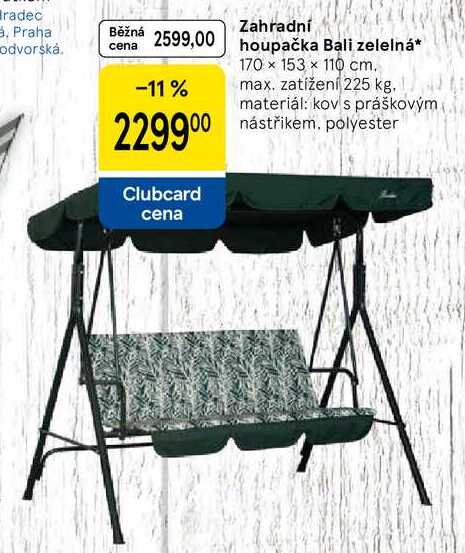 Zahradní houpačka Bali zelelná, 170 x 153 x 110 cm. max. zatížení 225 kg. materiál: kov s práškovým nástřikem, polyester  