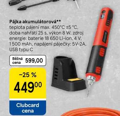 Pájka akumulátorová, teplota pájení max. 450°C ±5 °C. doba nahřátí 25 s. výkon 8 W, zdroj energie: baterie 18 650 Li-ion. 4 V. 1500 mAh, napájení páječky: 5V-2A. USB typu C