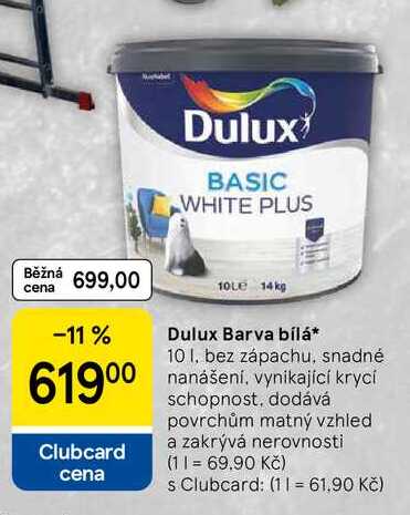 Dulux Barva bílá, 10 I, bez zápachu. snadné nanášení, vynikající kryci schopnost, dodává povrchům matný vzhled a zakrývá nerovnosti