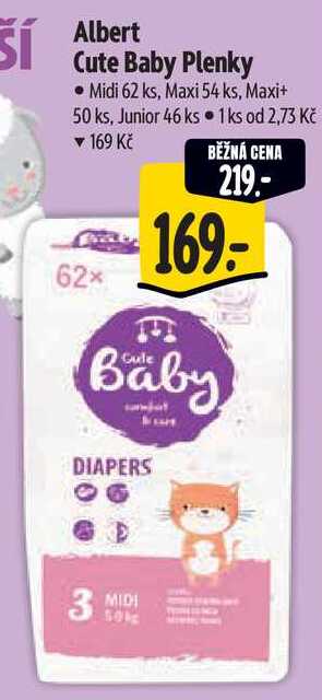 Albert Cute Baby Plenky, Midi 62 ks, Maxi 54 ks, Maxi+ 50 ks, Junior 46 ks
