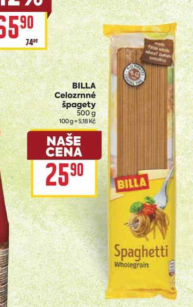 BILLA Celozrnné špagety 500 g